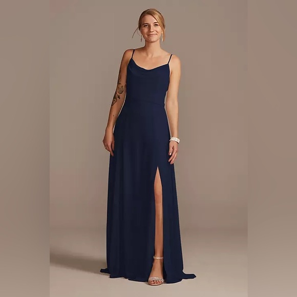 David's Bridal Dresses & Skirts - NWT DB Studio Navy Blue cowl neck silky chiffon dress with slit | Size 10